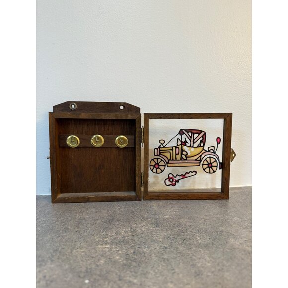 Wooden Key Holder Wall Mount VTG Stained Glass Antique Car Ford Model T Fob Trac - Picture 16 of 16